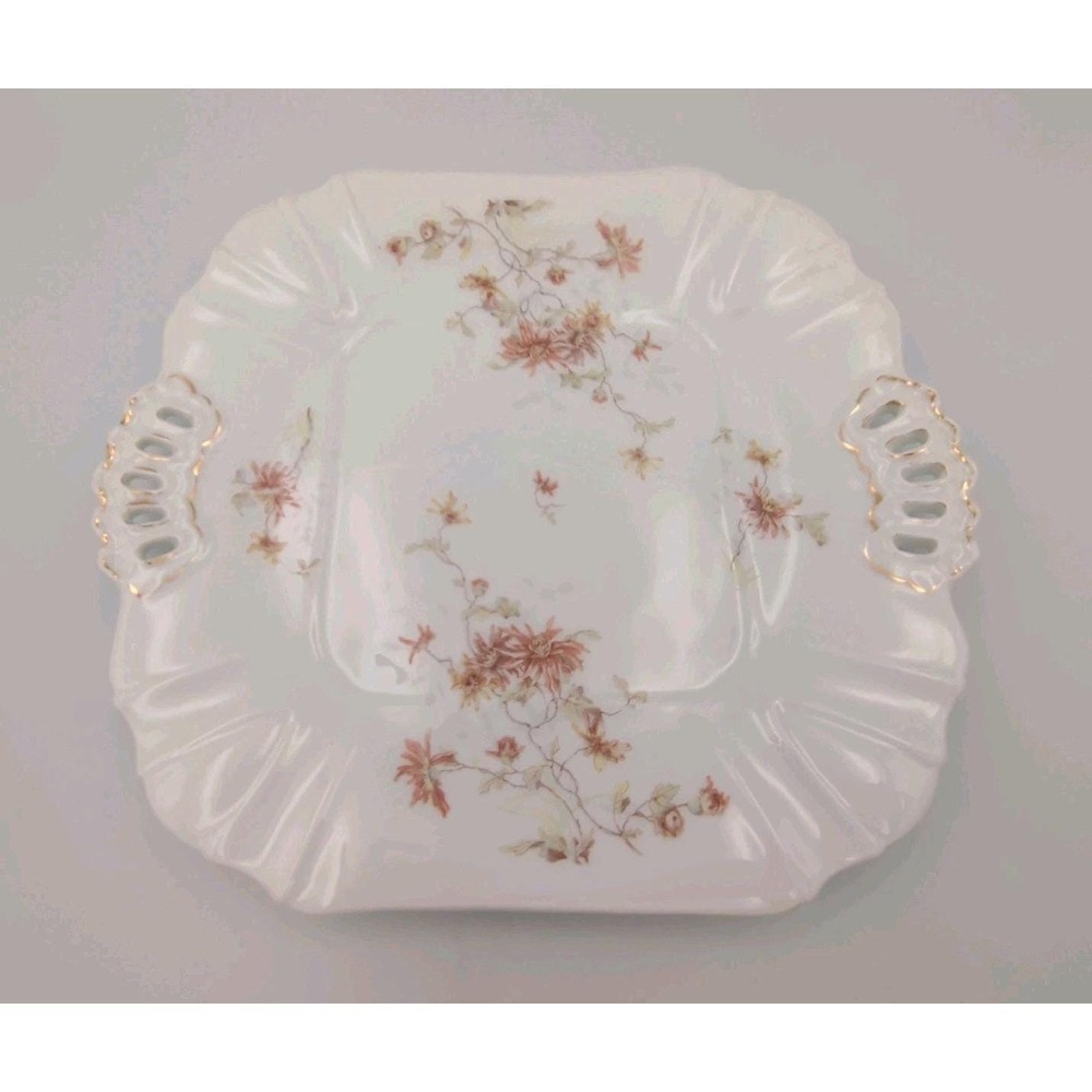 Vintage Leonard Vienna, Austria Porcelain Serving Plate, Floral w Cutout Handles